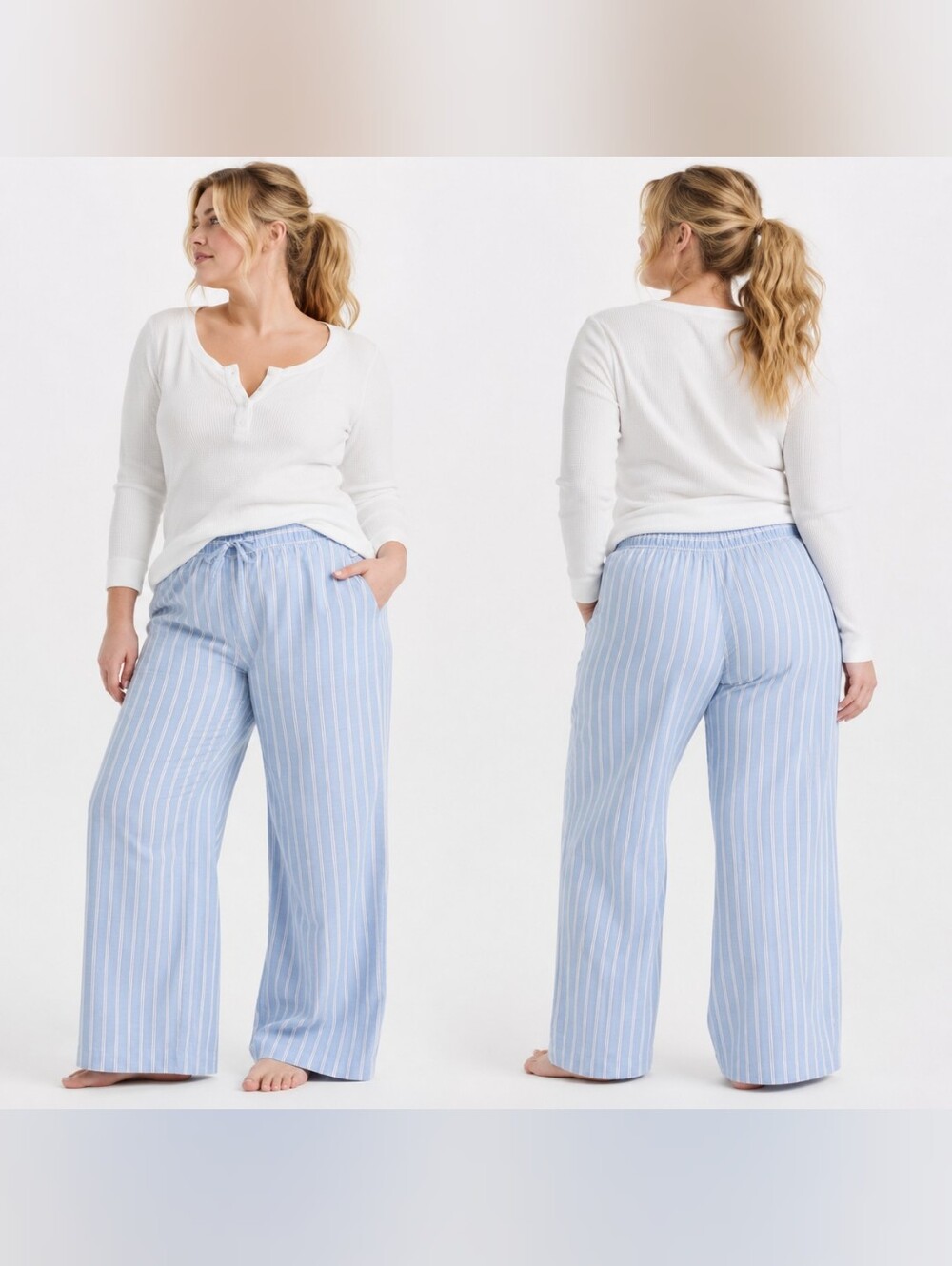 NWT Plus Size Striped Cotton-Blend Pajama Pants Blue White Loungewear Auden